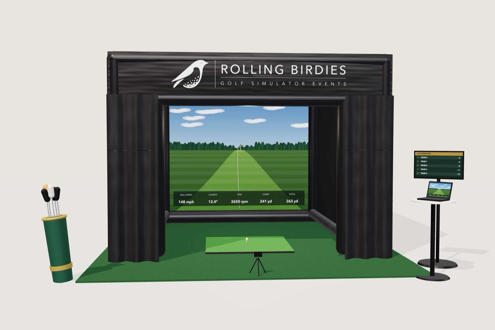 3D render of the ROLLING BIRDIES enclosure with the impact screen, hitting mat, clubs and leaderboard monitor